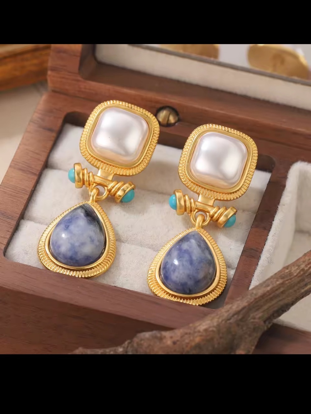 Gold-Tone Drop Earrings with Blue Teardrop and Pearl Square